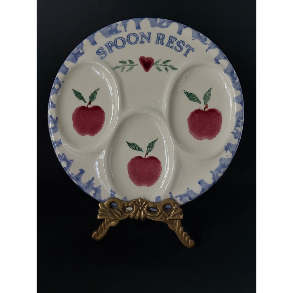 Vintage  Ceramic Triple Spoon Rest Red Apple Heart Farmhouse Kitchen Decor